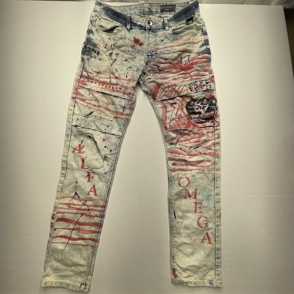 Vintage Southpole Skinny Jeans 34x32 Graffiti Alpha Omega Paint Skater Y2k